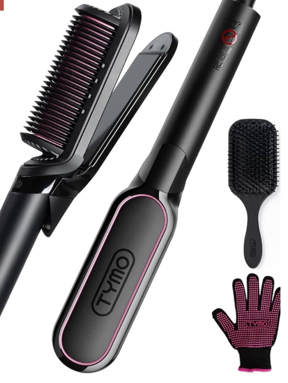 TYMO Flat Iron Hair Straightener Brush 2 in 1, 35% larger - 200M Ions,Black, NWT